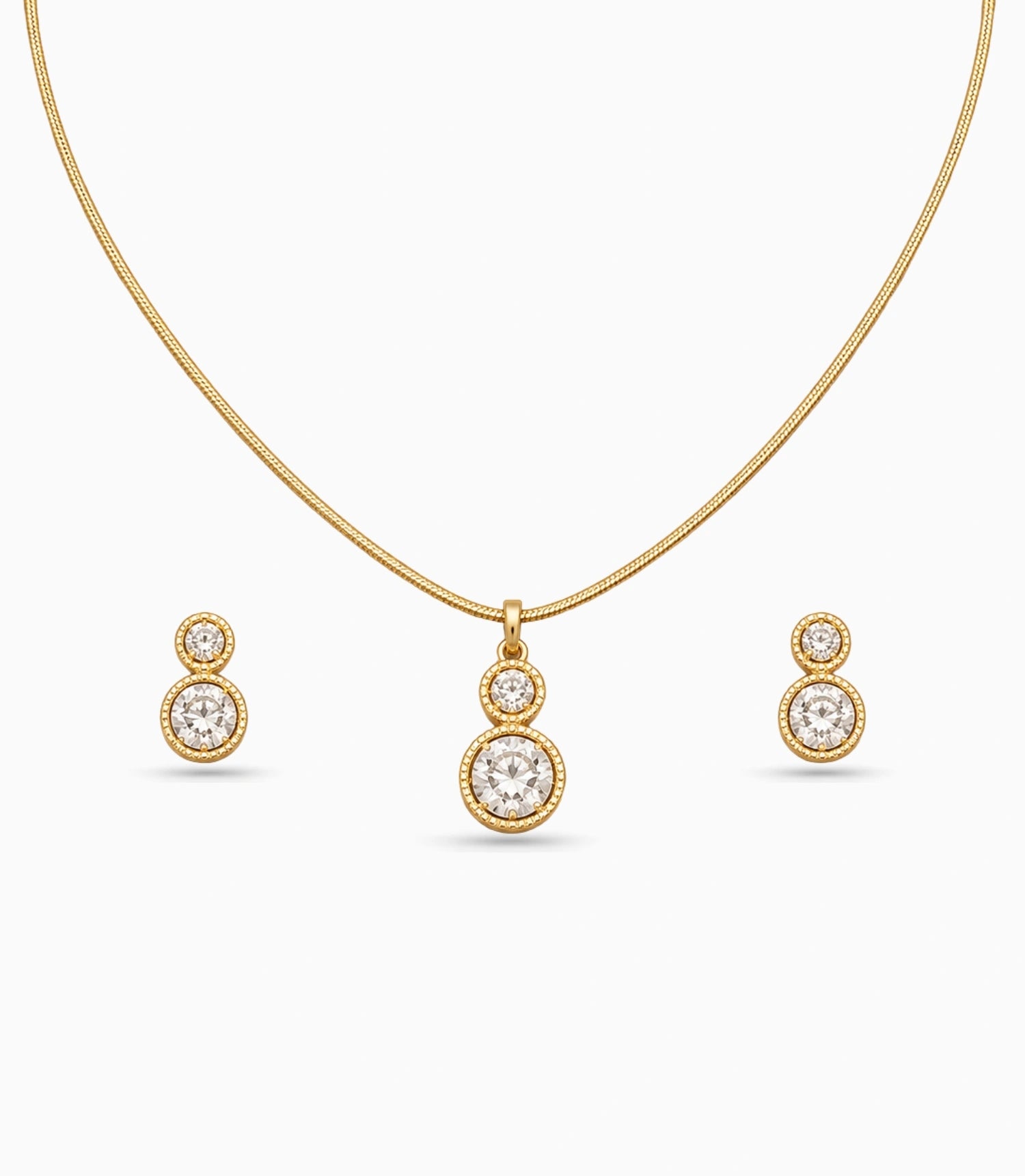 Gold Plated Delicate Dual Round CZ Chain Pendant Set