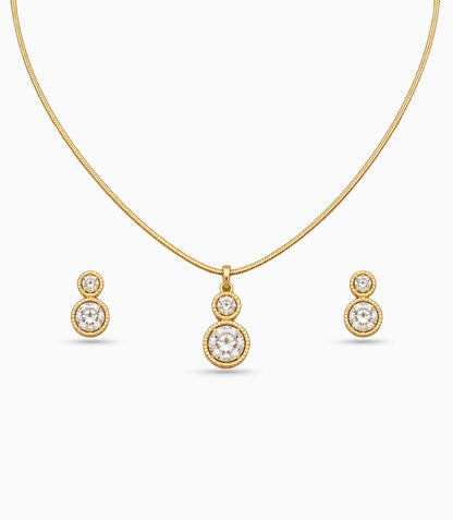 Gold Plated Delicate Dual Round CZ Chain Pendant Set