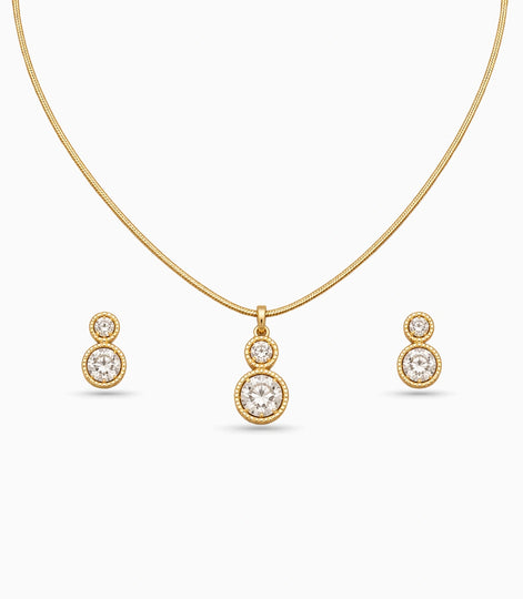 Gold Plated Delicate Dual Round CZ Chain Pendant Set