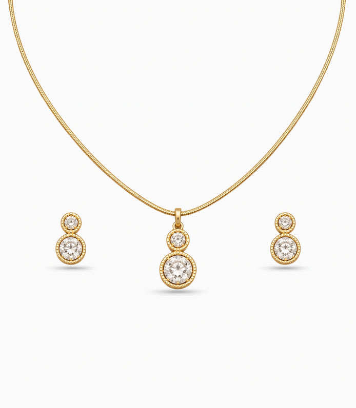 Gold Plated Delicate Dual Round CZ Chain Pendant Set