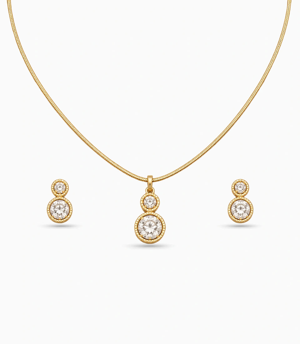 Gold Plated Delicate Dual Round CZ Chain Pendant Set