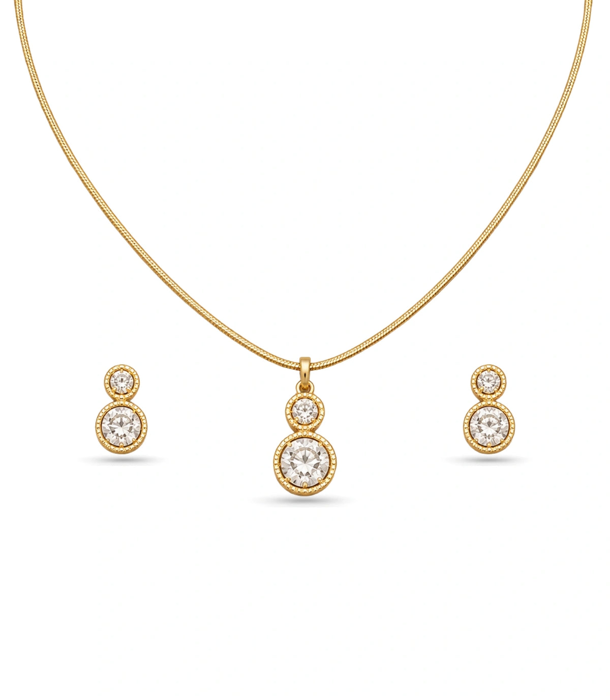 Gold Plated Delicate Dual Round CZ Chain Pendant Set