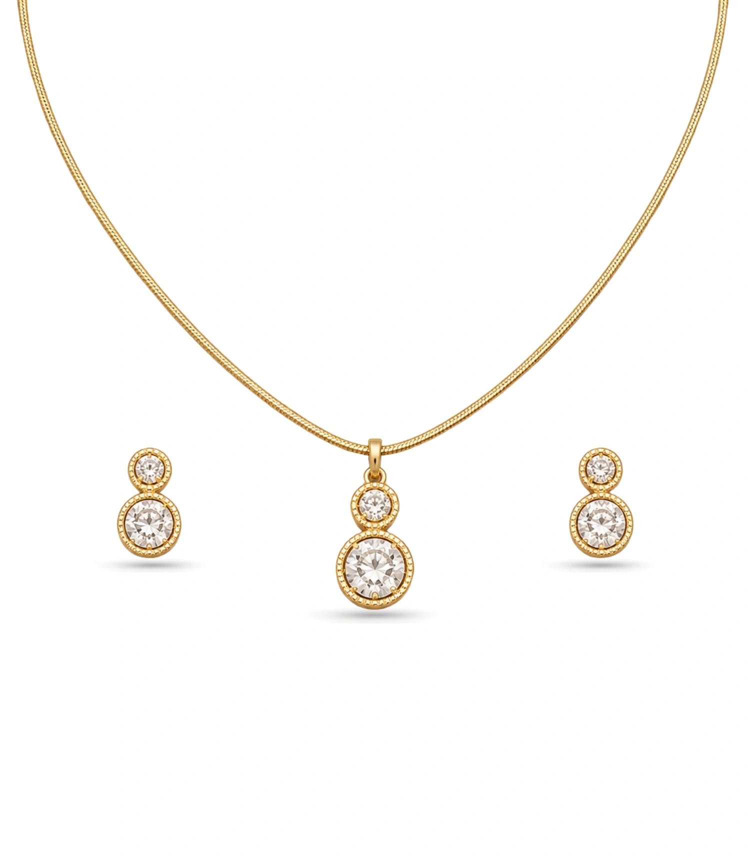 Gold Plated Delicate Dual Round CZ Chain Pendant Set