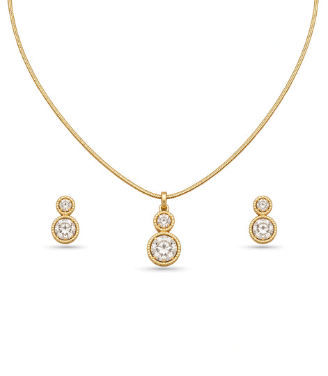 Gold Plated Delicate Dual Round CZ Chain Pendant Set