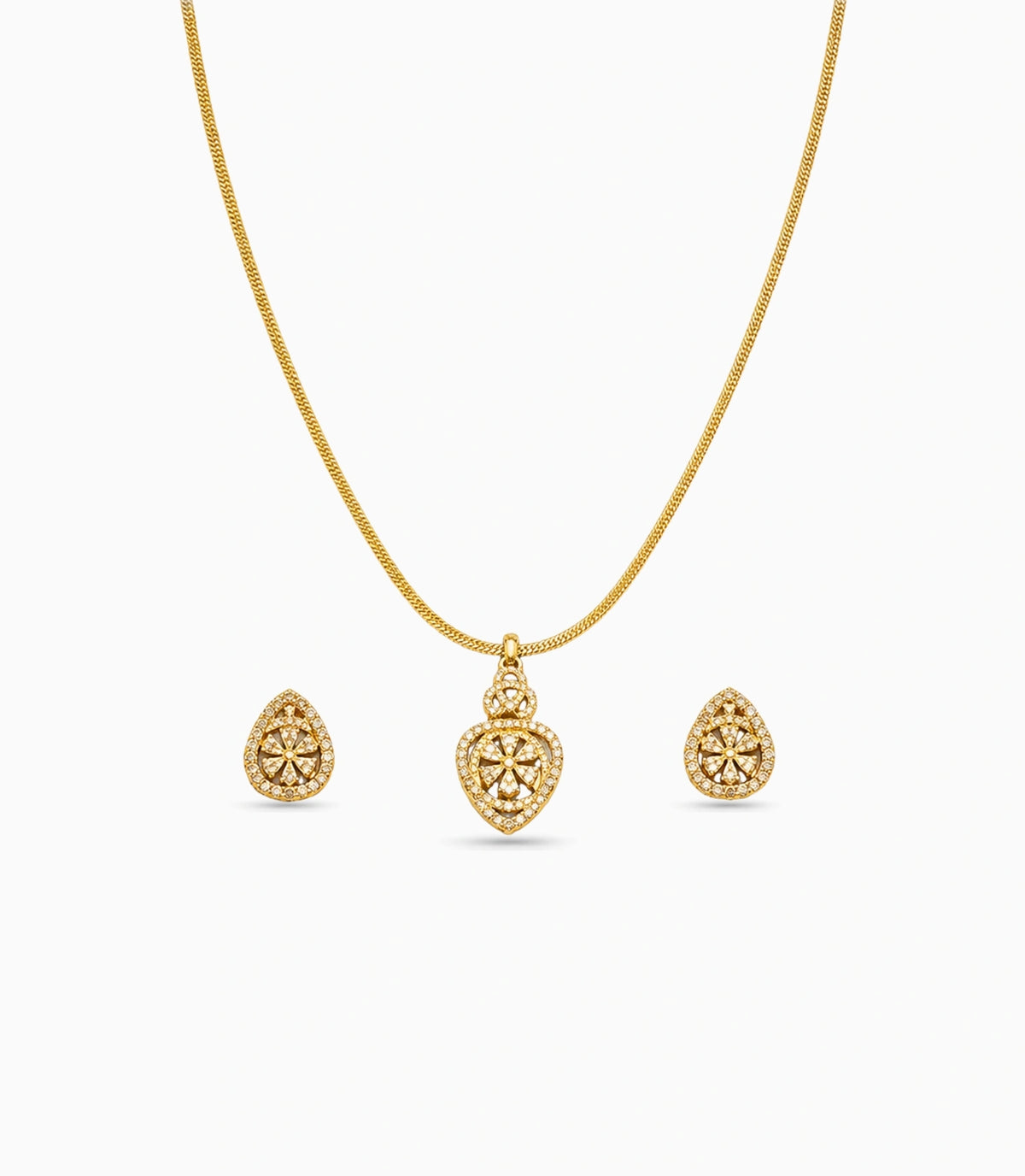 Gold Plated Delicate Swirl Floral CZ Chain Pendant Set