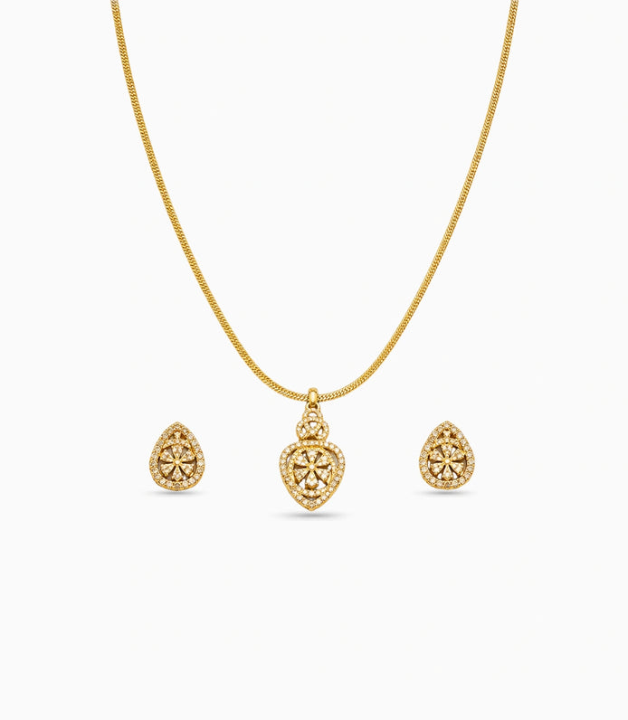 Gold Plated Delicate Swirl Floral CZ Chain Pendant Set