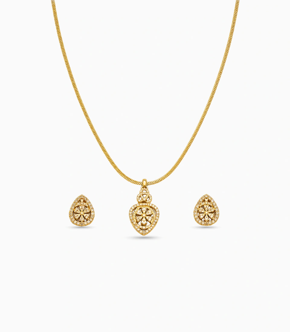 Gold Plated Delicate Swirl Floral CZ Chain Pendant Set