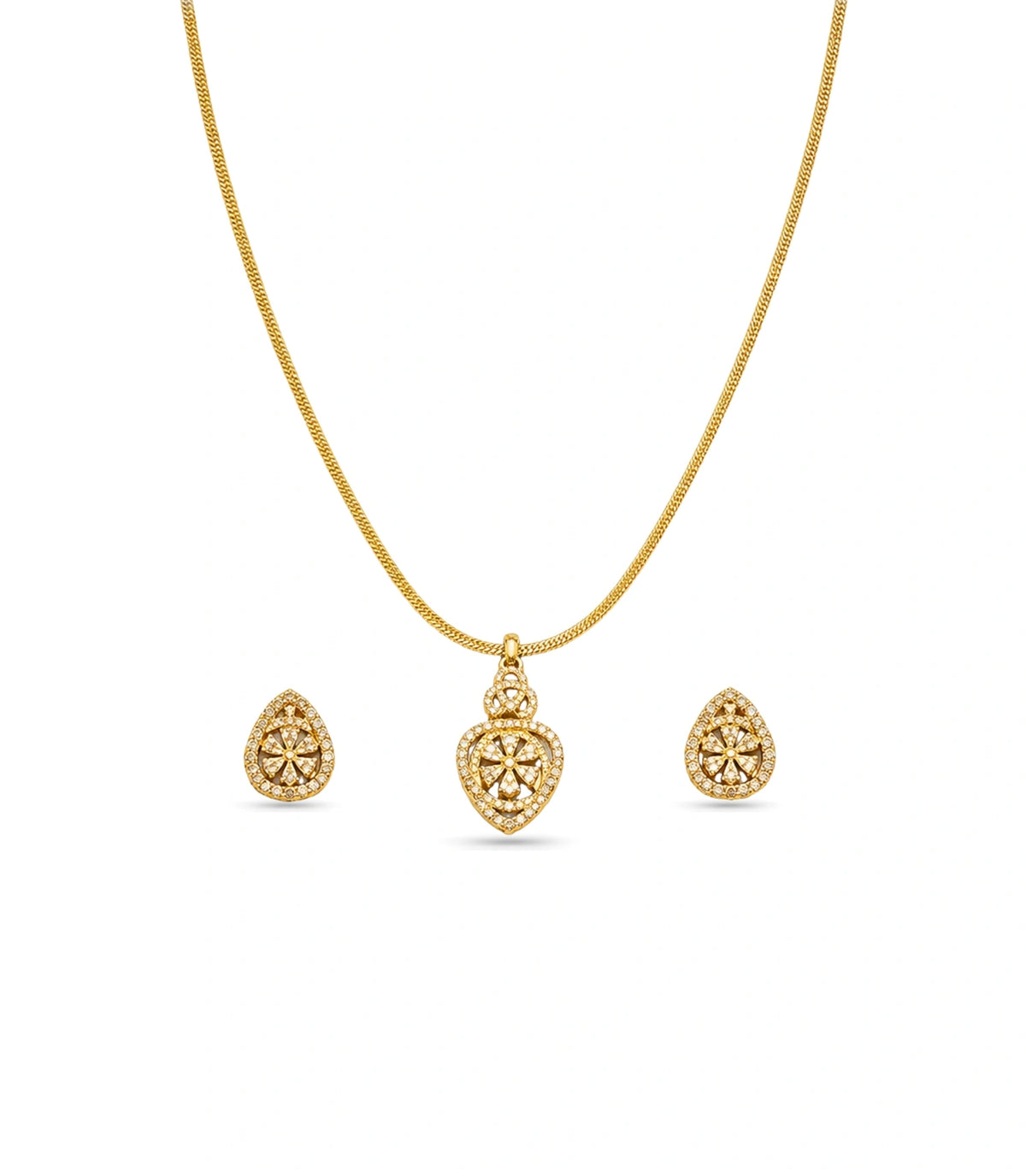 Gold Plated Delicate Swirl Floral CZ Chain Pendant Set