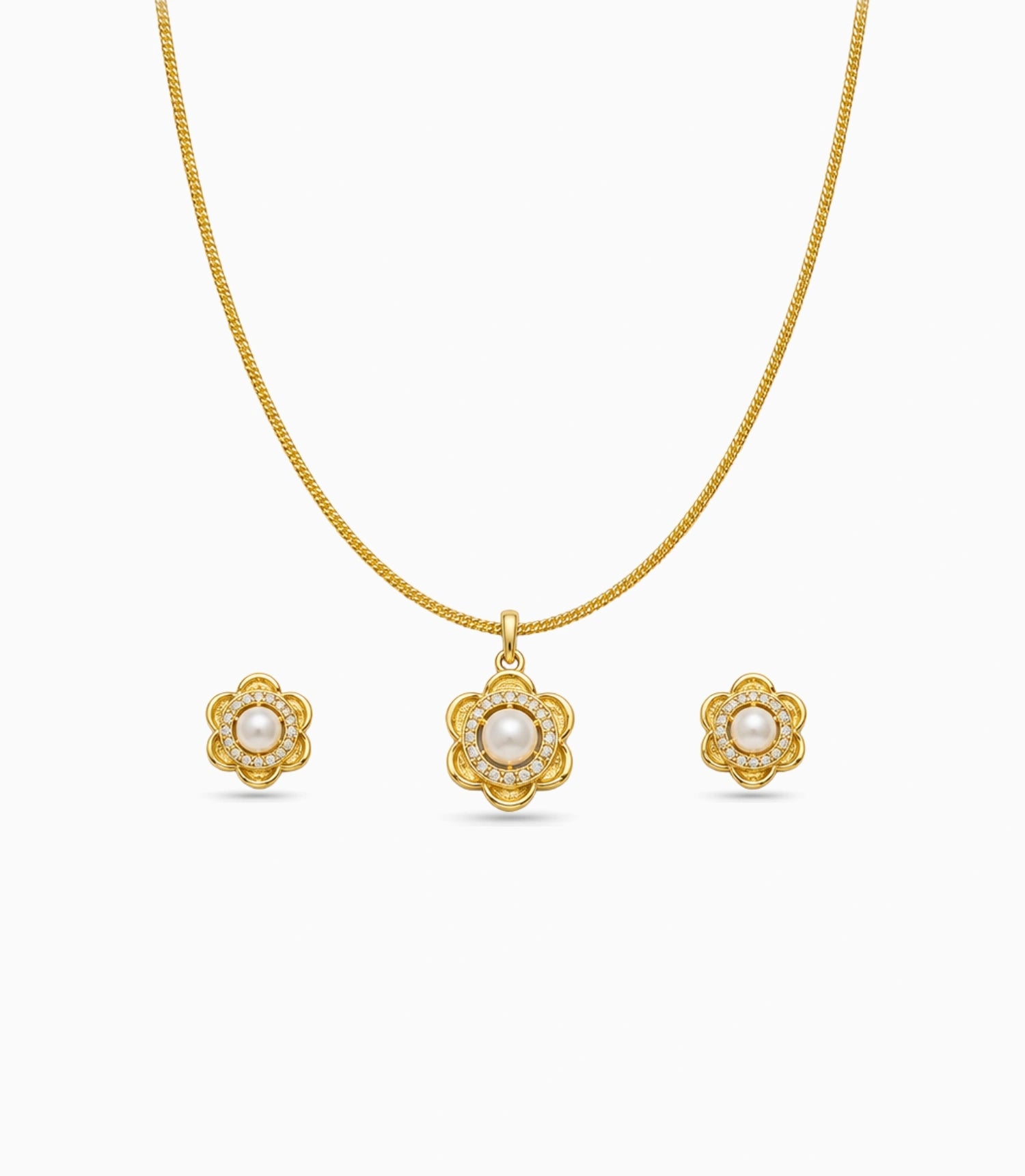 Gold Plated Delicate Pearl Floral CZ Chain Pendant Set