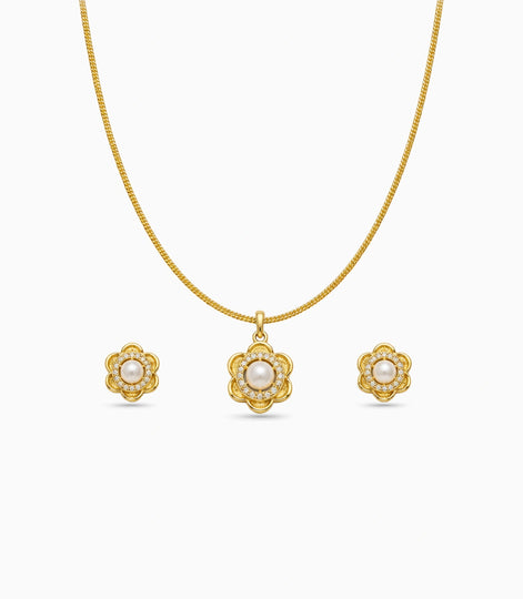 Gold Plated Delicate Pearl Floral CZ Chain Pendant Set