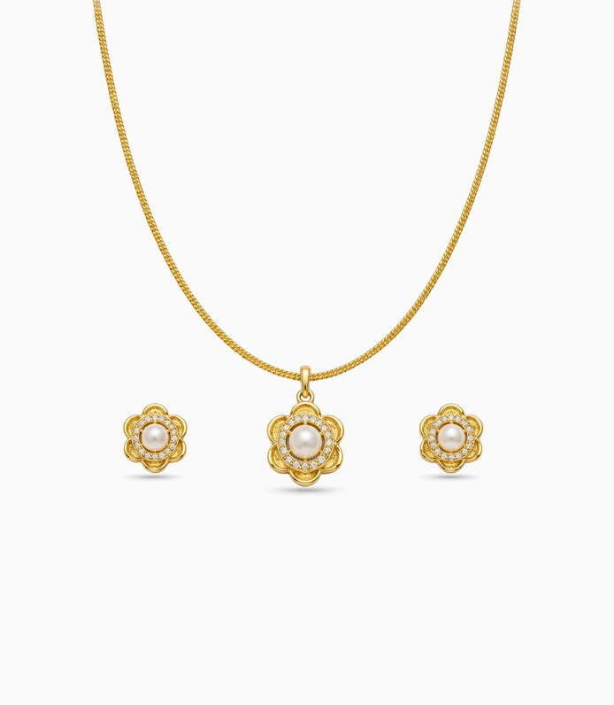 Gold Plated Delicate Pearl Floral CZ Chain Pendant Set