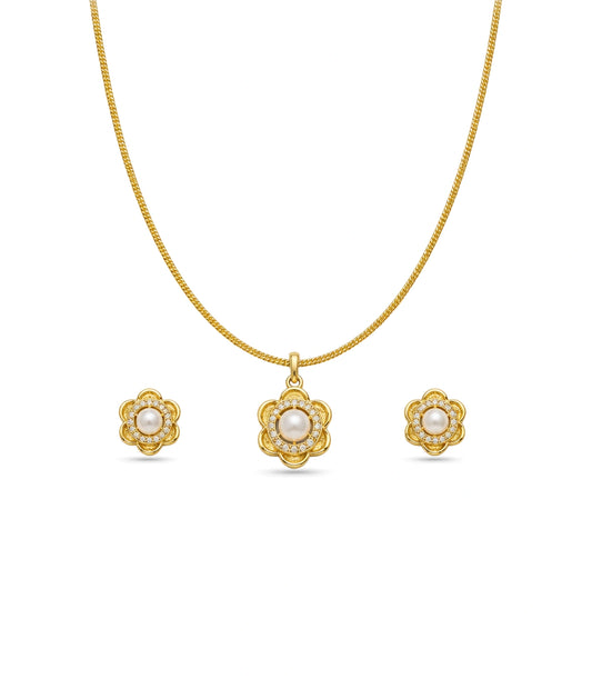 Gold Plated Delicate Pearl Floral CZ Chain Pendant Set