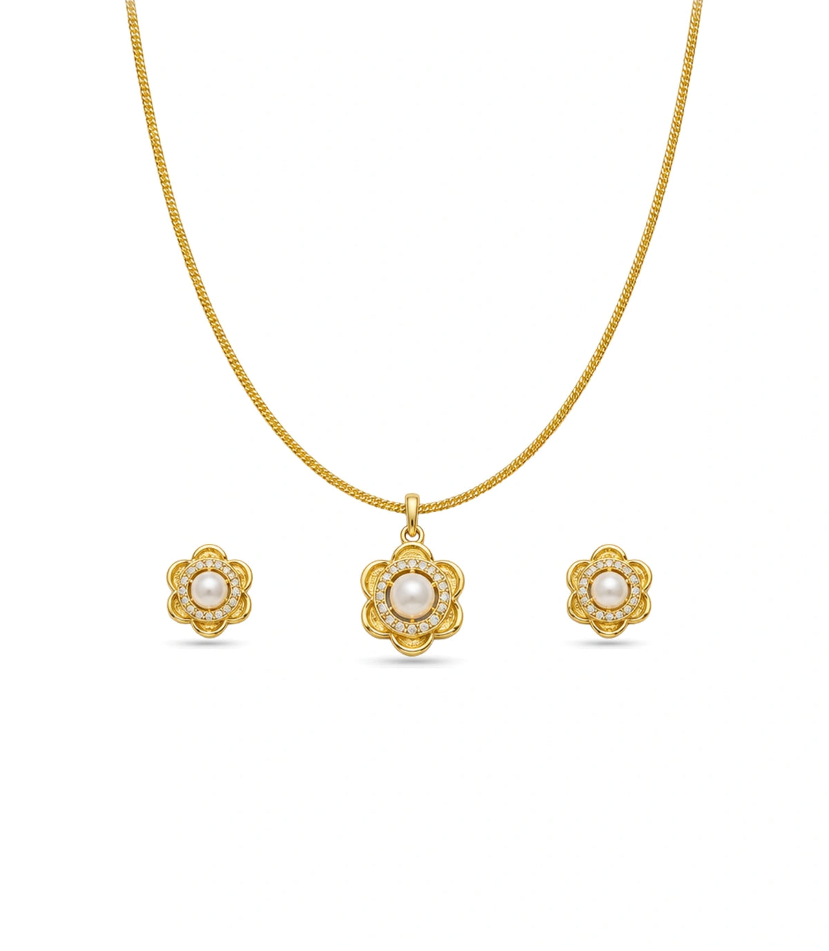 Gold Plated Delicate Pearl Floral CZ Chain Pendant Set