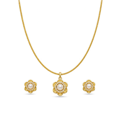 Gold Plated Delicate Pearl Floral CZ Chain Pendant Set