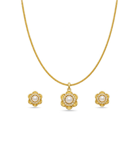 Gold Plated Delicate Pearl Floral CZ Chain Pendant Set