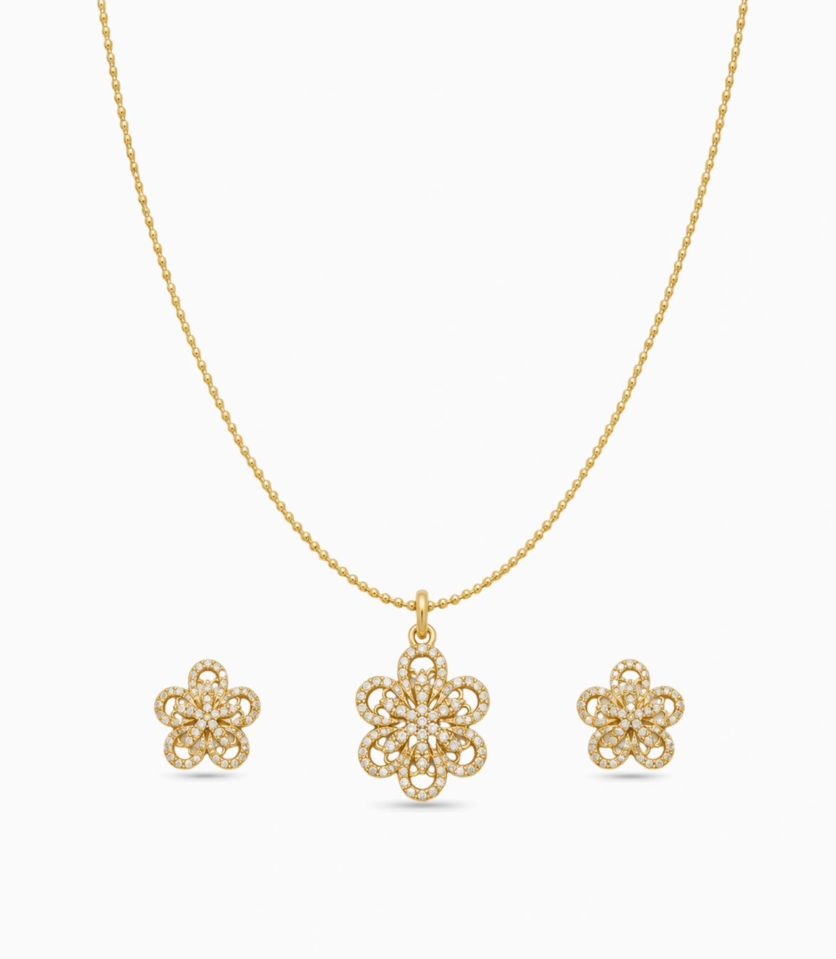 Gold Plated Delicate Fancy Floral CZ Chain Pendant Set