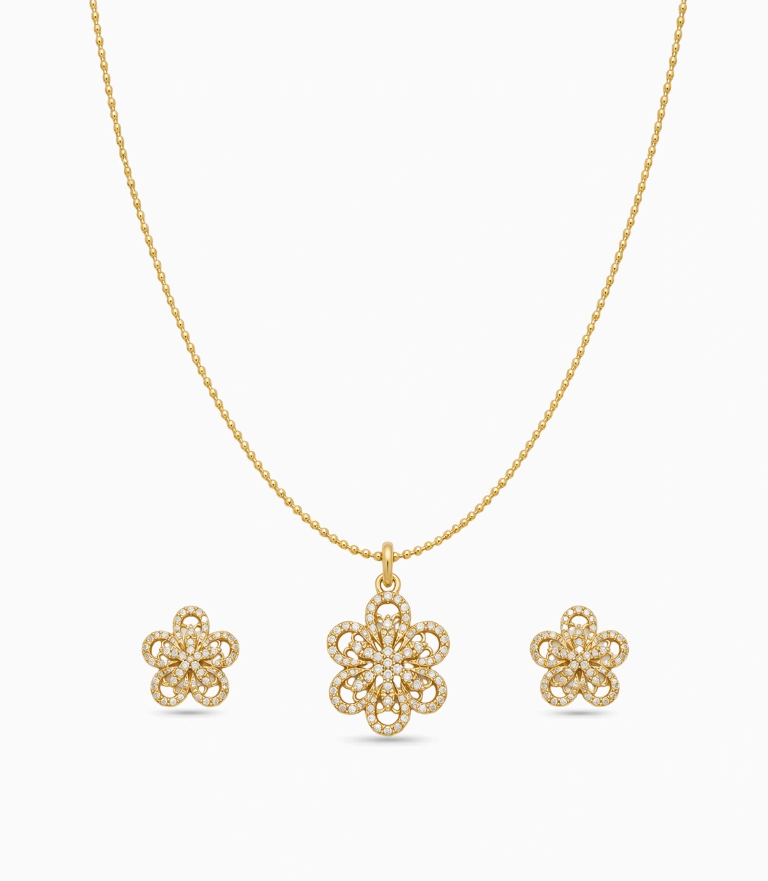 Gold Plated Delicate Fancy Floral CZ Chain Pendant Set