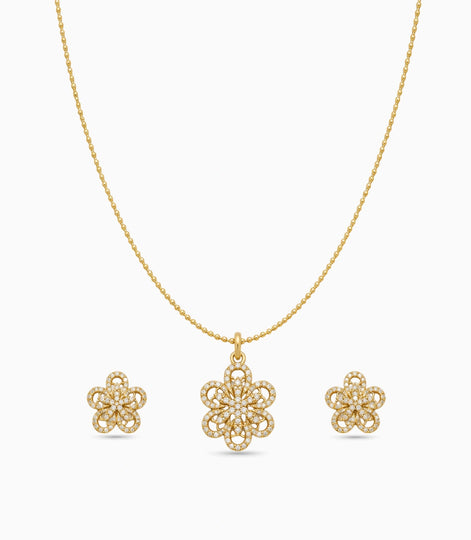 Gold Plated Delicate Fancy Floral CZ Chain Pendant Set