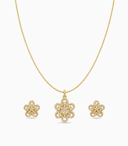 Gold Plated Delicate Fancy Floral CZ Chain Pendant Set
