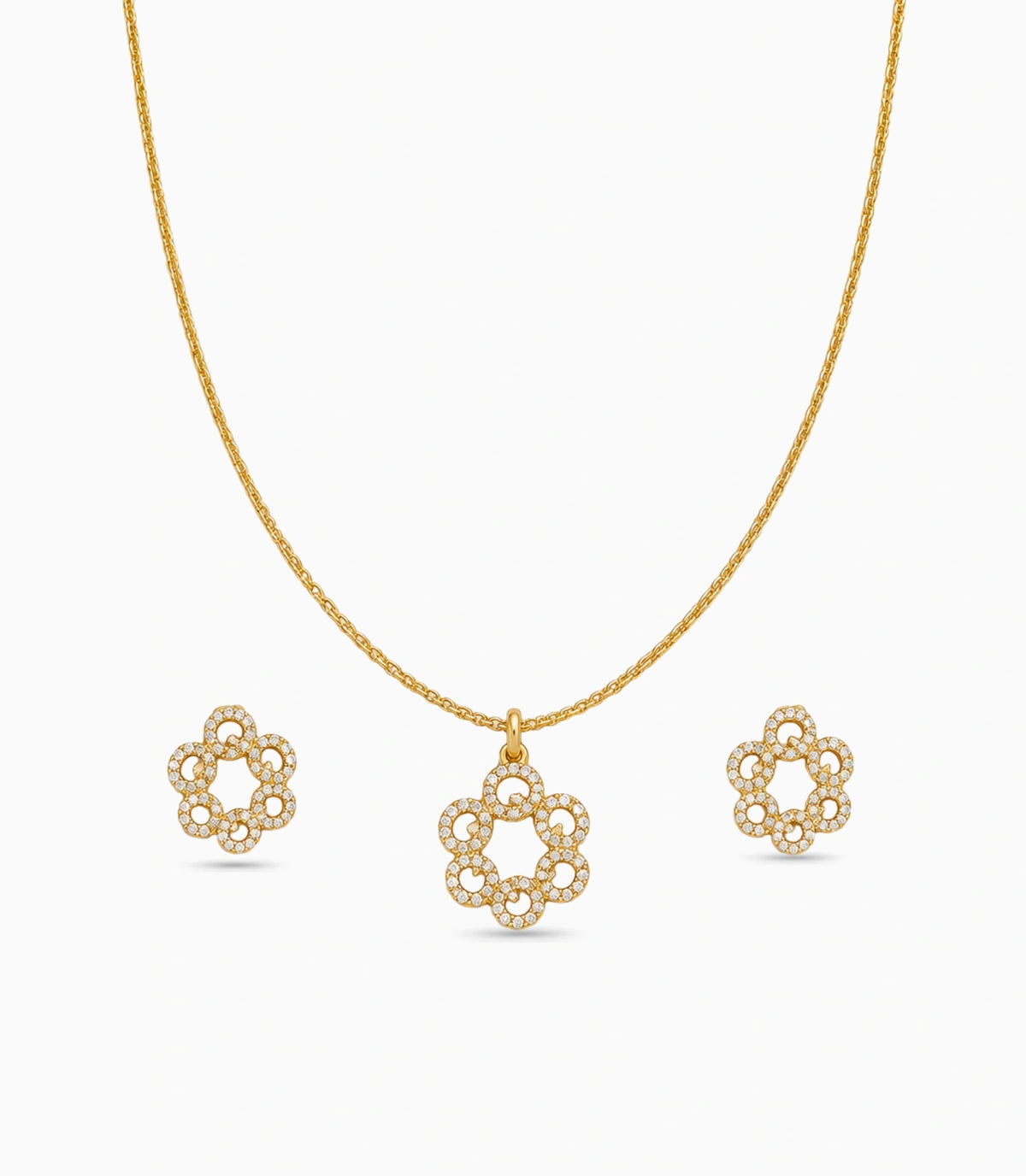 Gold Plated Delicate Interlocking Circle CZ Chain Pendant Set