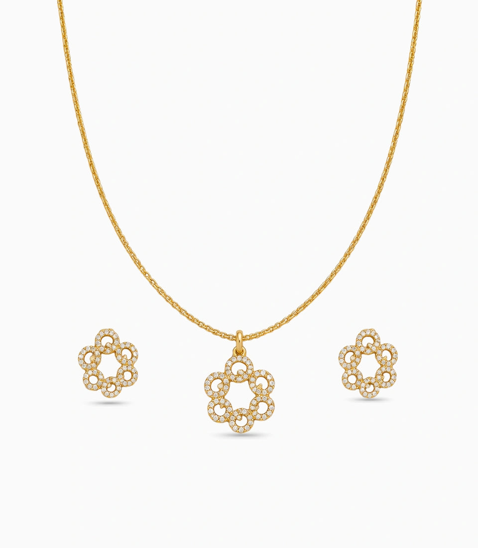 Gold Plated Delicate Interlocking Circle CZ Chain Pendant Set