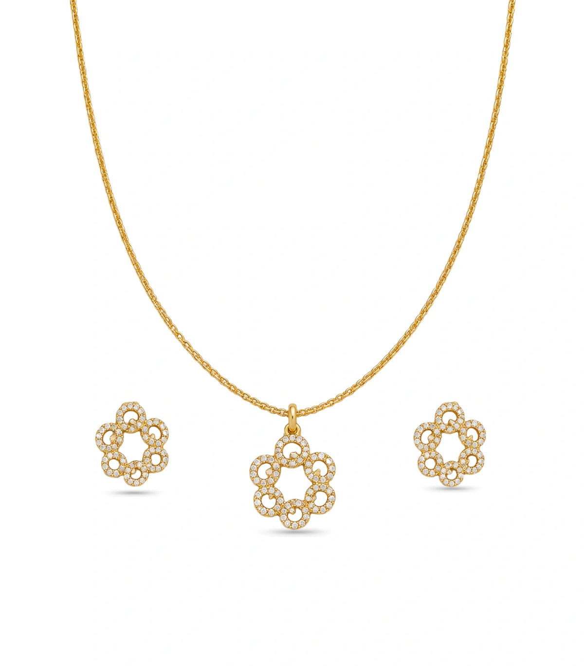 Gold Plated Delicate Interlocking Circle CZ Chain Pendant Set