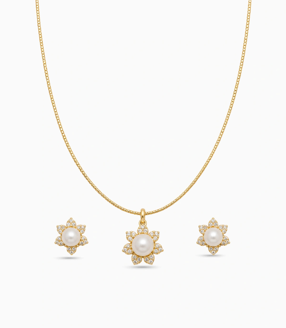 Gold Plated Delicate Pearl Bloom CZ Chain Pendant Set