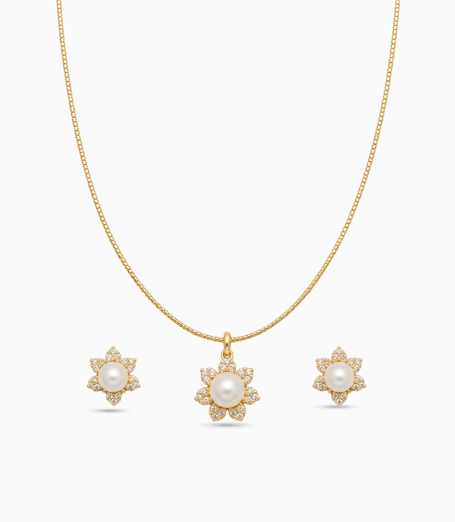Gold Plated Delicate Pearl Bloom CZ Chain Pendant Set