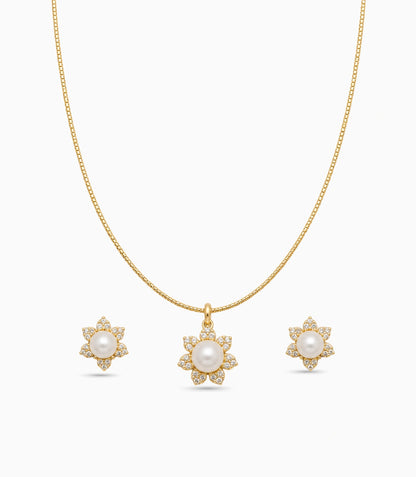 Gold Plated Delicate Pearl Bloom CZ Chain Pendant Set