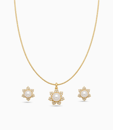 Gold Plated Delicate Pearl Bloom CZ Chain Pendant Set