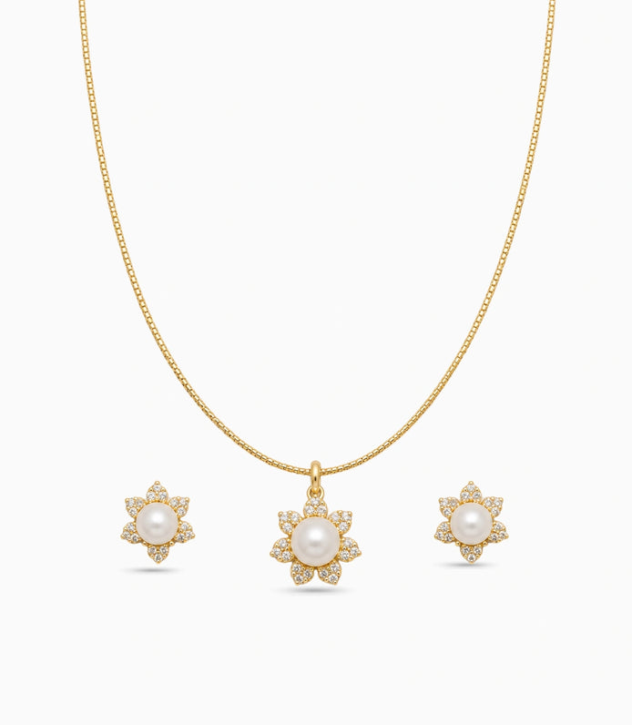Gold Plated Delicate Pearl Bloom CZ Chain Pendant Set