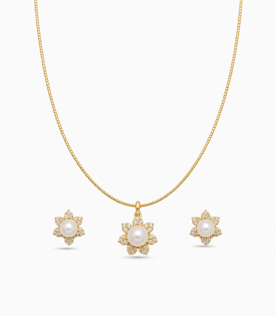 Gold Plated Delicate Pearl Bloom CZ Chain Pendant Set