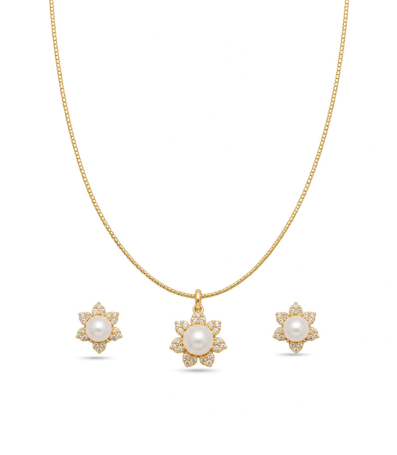 Gold Plated Delicate Pearl Bloom CZ Chain Pendant Set