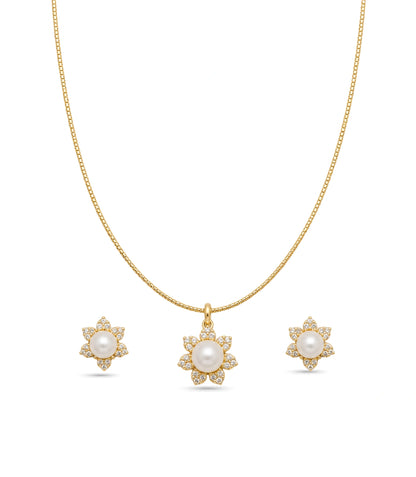Gold Plated Delicate Pearl Bloom CZ Chain Pendant Set