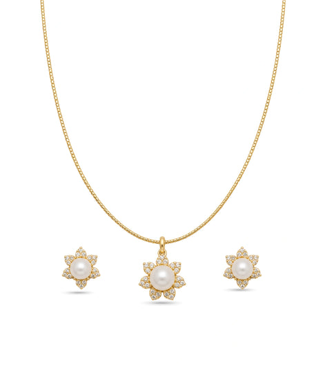 Gold Plated Delicate Pearl Bloom CZ Chain Pendant Set
