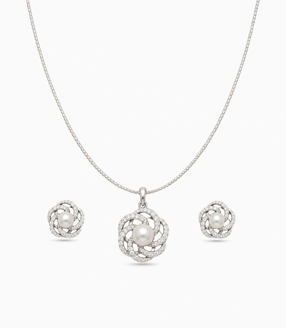 Rhodium Plated Delicate Pearl Spiral Petal CZ Chain Pendant Set