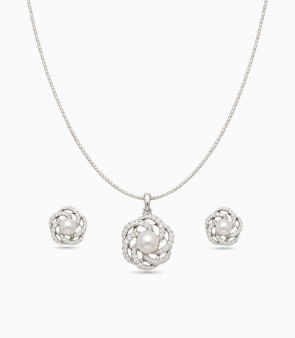 Rhodium Plated Delicate Pearl Spiral Petal CZ Chain Pendant Set