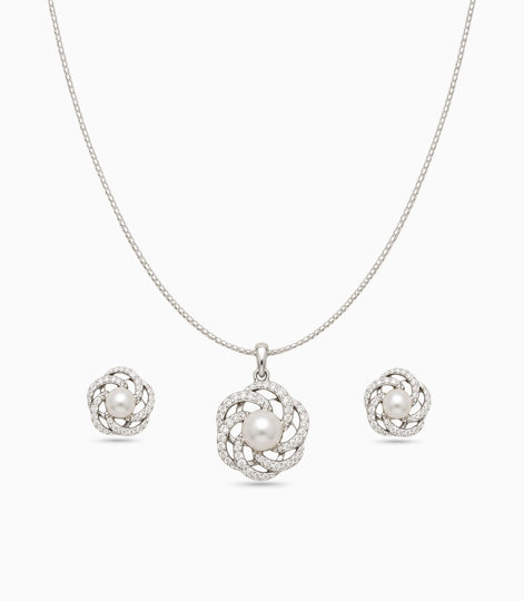 Rhodium Plated Delicate Pearl Spiral Petal CZ Chain Pendant Set