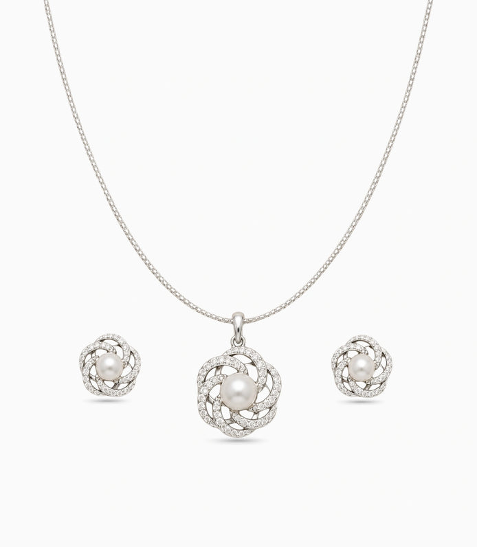 Rhodium Plated Delicate Pearl Spiral Petal CZ Chain Pendant Set