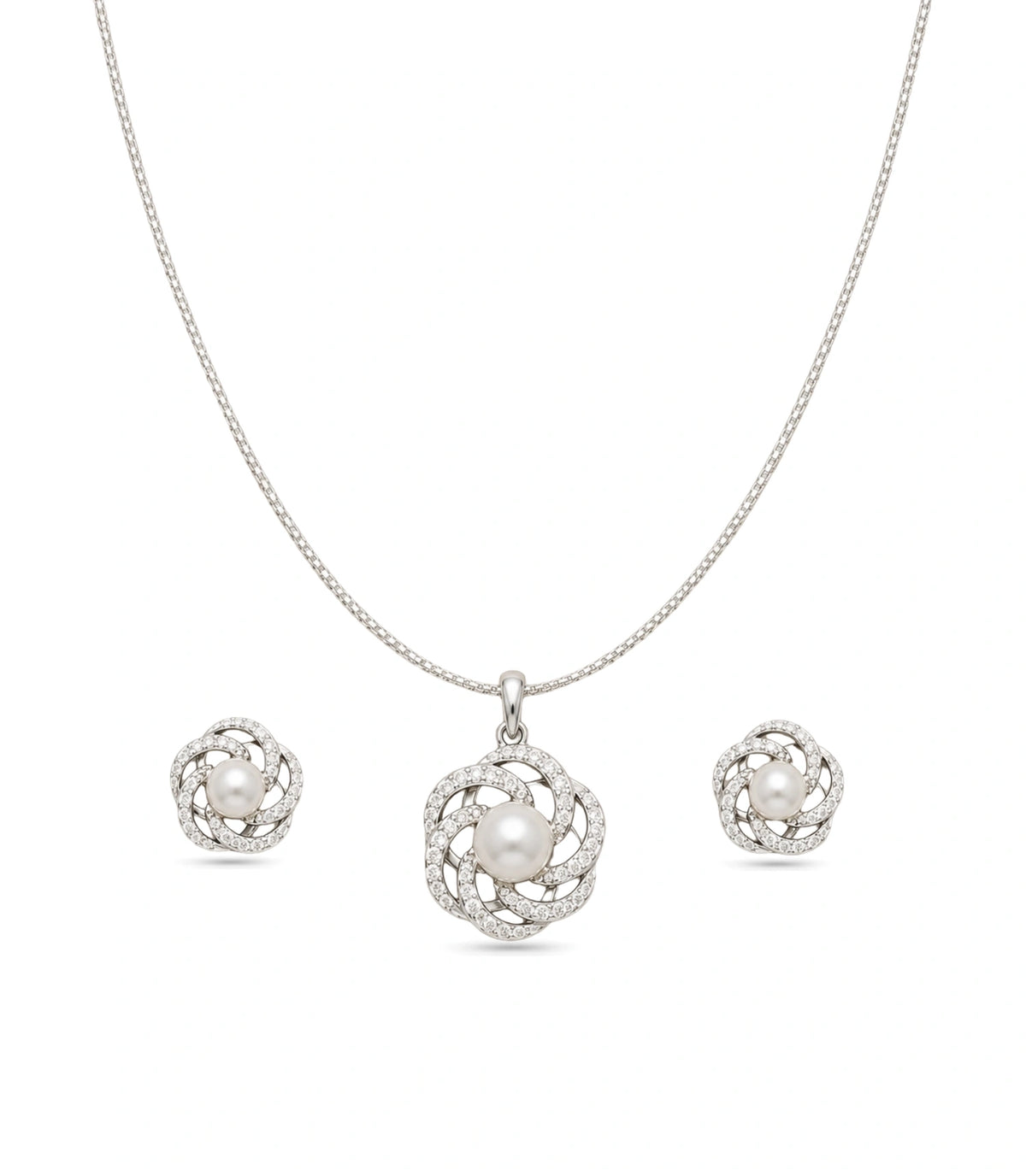 Rhodium Plated Delicate Pearl Spiral Petal CZ Chain Pendant Set