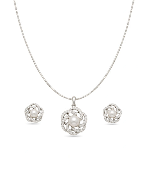 Rhodium Plated Delicate Pearl Spiral Petal CZ Chain Pendant Set
