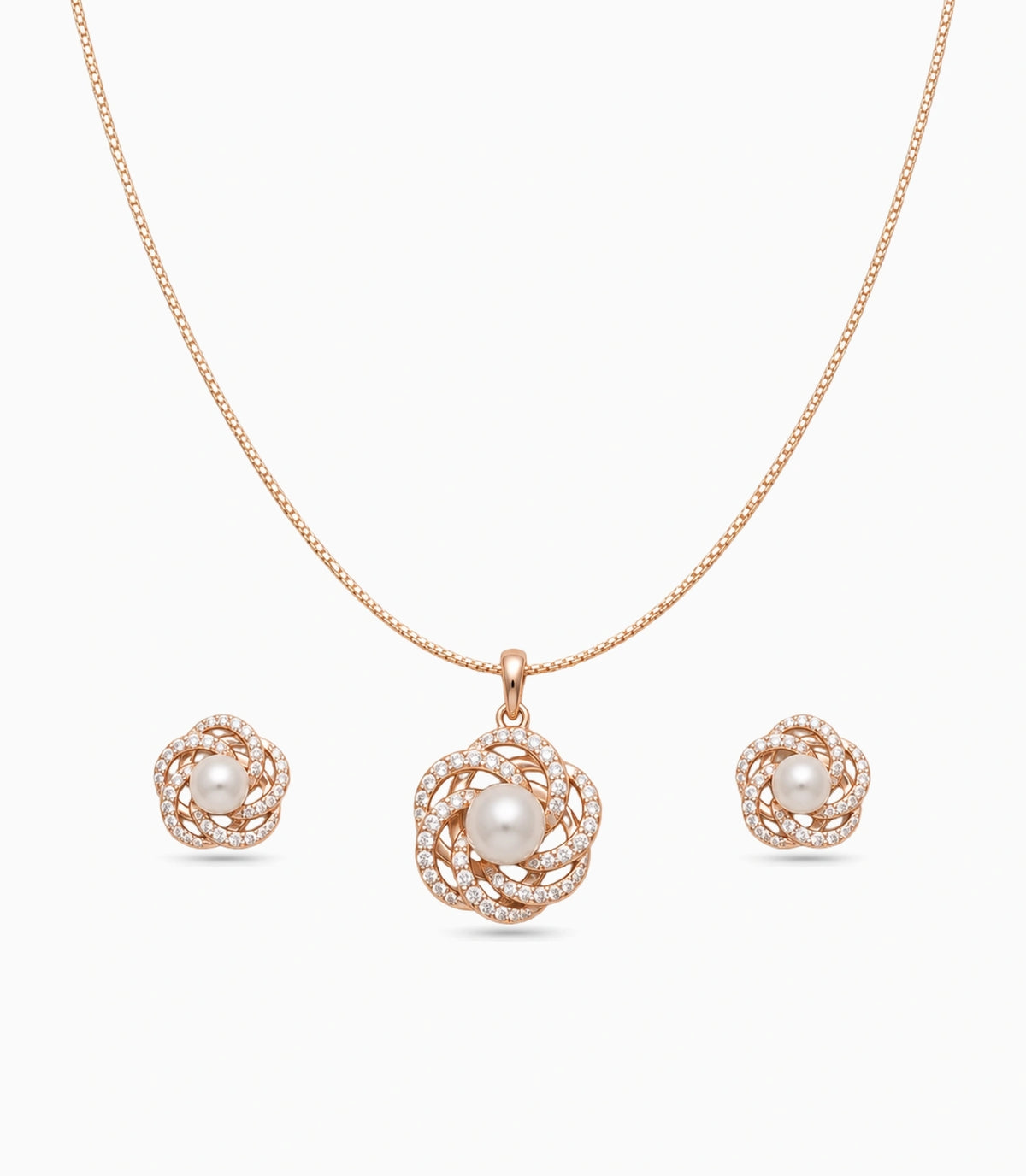 Rose Gold Plated Delicate Pearl Spiral Petal CZ Chain Pendant Set