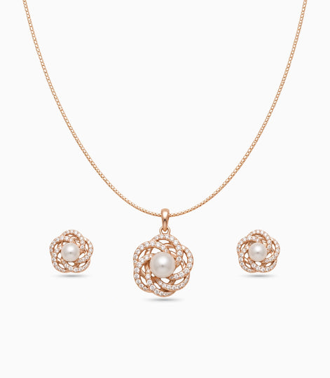 Rose Gold Plated Delicate Pearl Spiral Petal CZ Chain Pendant Set