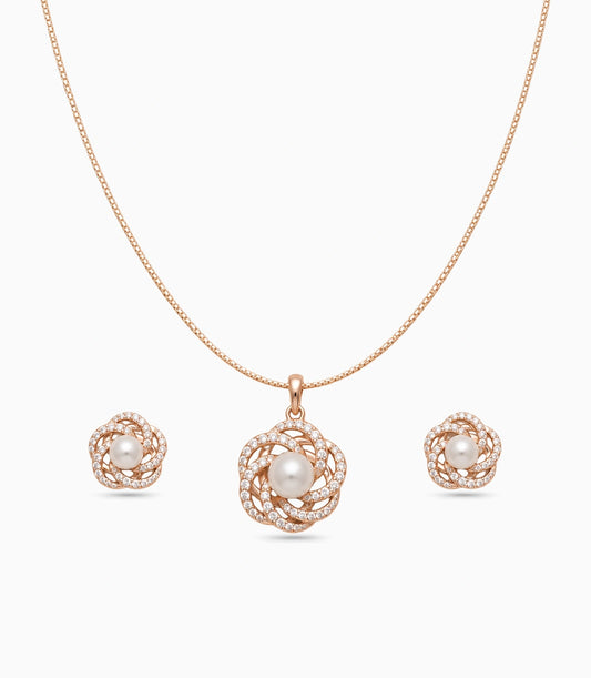 Rose Gold Plated Delicate Pearl Spiral Petal CZ Chain Pendant Set