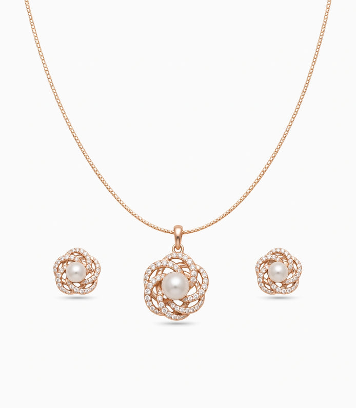 Rose Gold Plated Delicate Pearl Spiral Petal CZ Chain Pendant Set