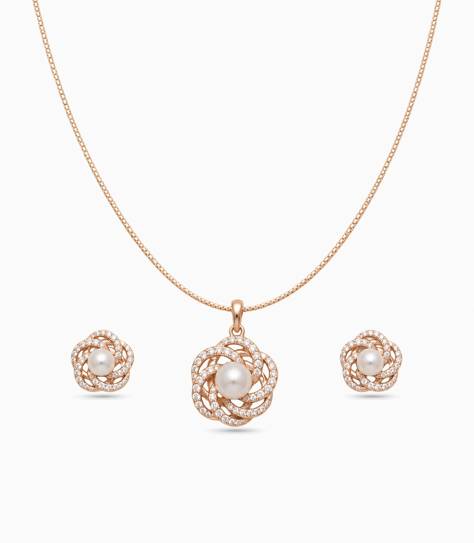 Rose Gold Plated Delicate Pearl Spiral Petal CZ Chain Pendant Set
