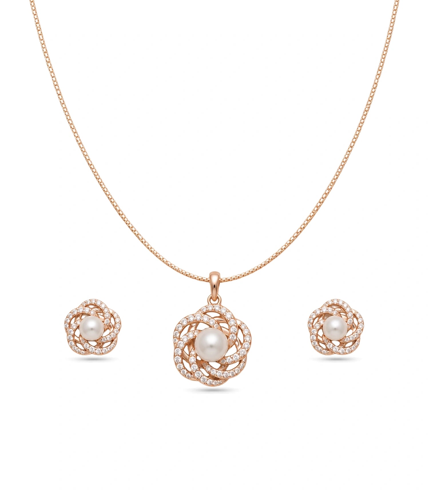 Rose Gold Plated Delicate Pearl Spiral Petal CZ Chain Pendant Set