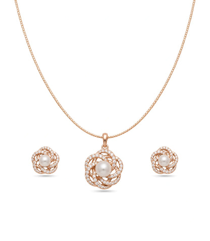 Rose Gold Plated Delicate Pearl Spiral Petal CZ Chain Pendant Set
