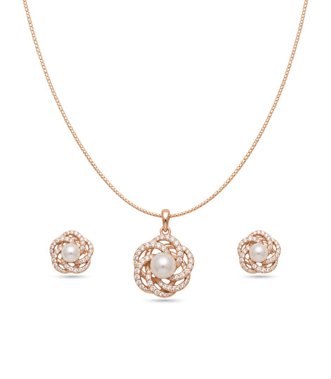 Rose Gold Plated Delicate Pearl Spiral Petal CZ Chain Pendant Set