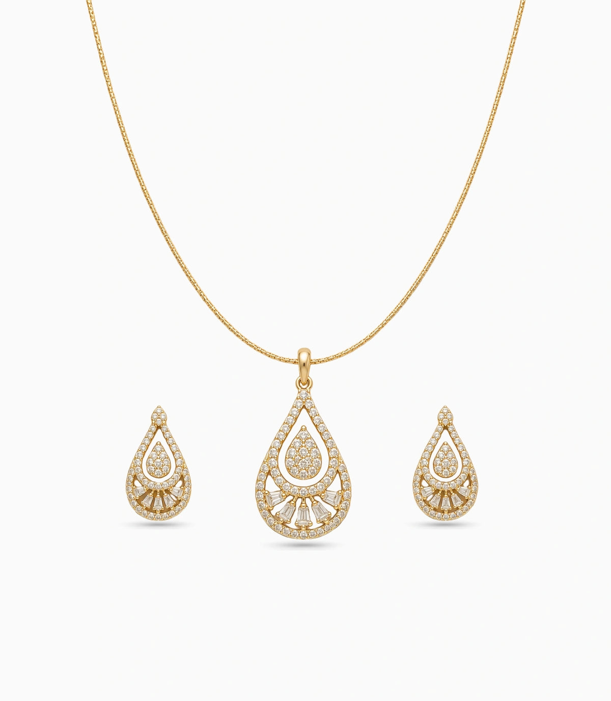 Gold Plated Delicate Art Deco CZ Chain Pendant Set